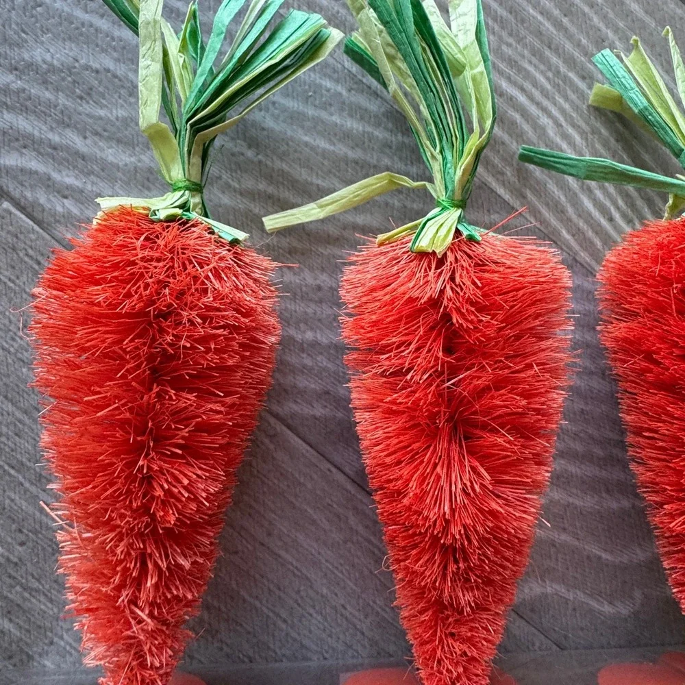 Set of 3 Sisal Bottle‎ Brush Carrots Easter Spring Decor on Wood Flower Bases